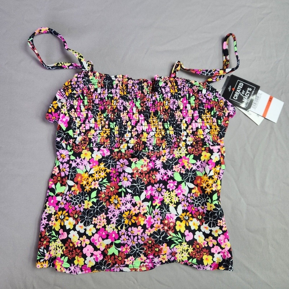 California Waves Tankini Swim Top Floral Smocked Removable Straps Swimsuit Sz XS